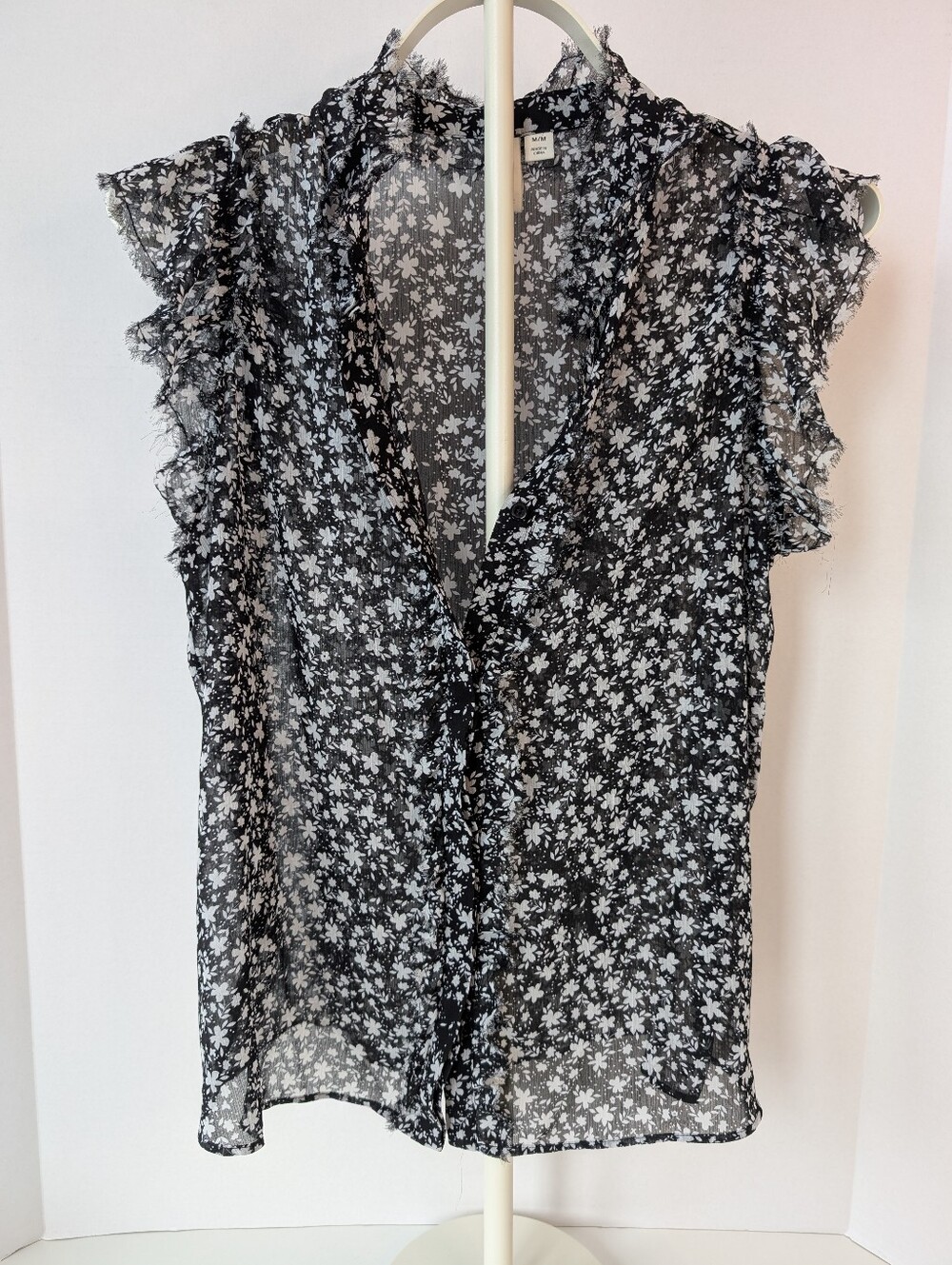 Joie Black & White Floral Ruffle Cap-Sleeve Blouse
